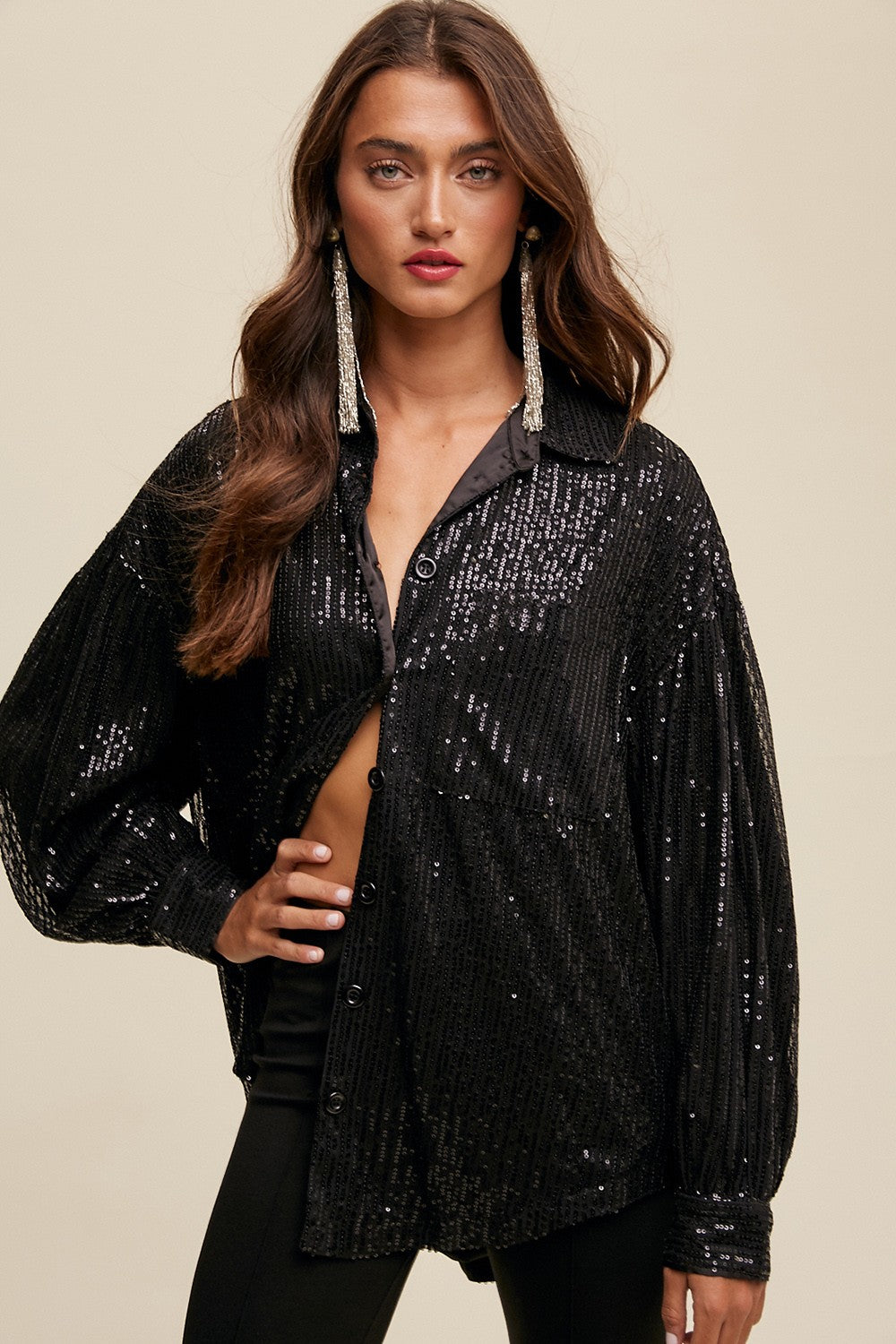 Black Oversized Sequin Button Down Shirt