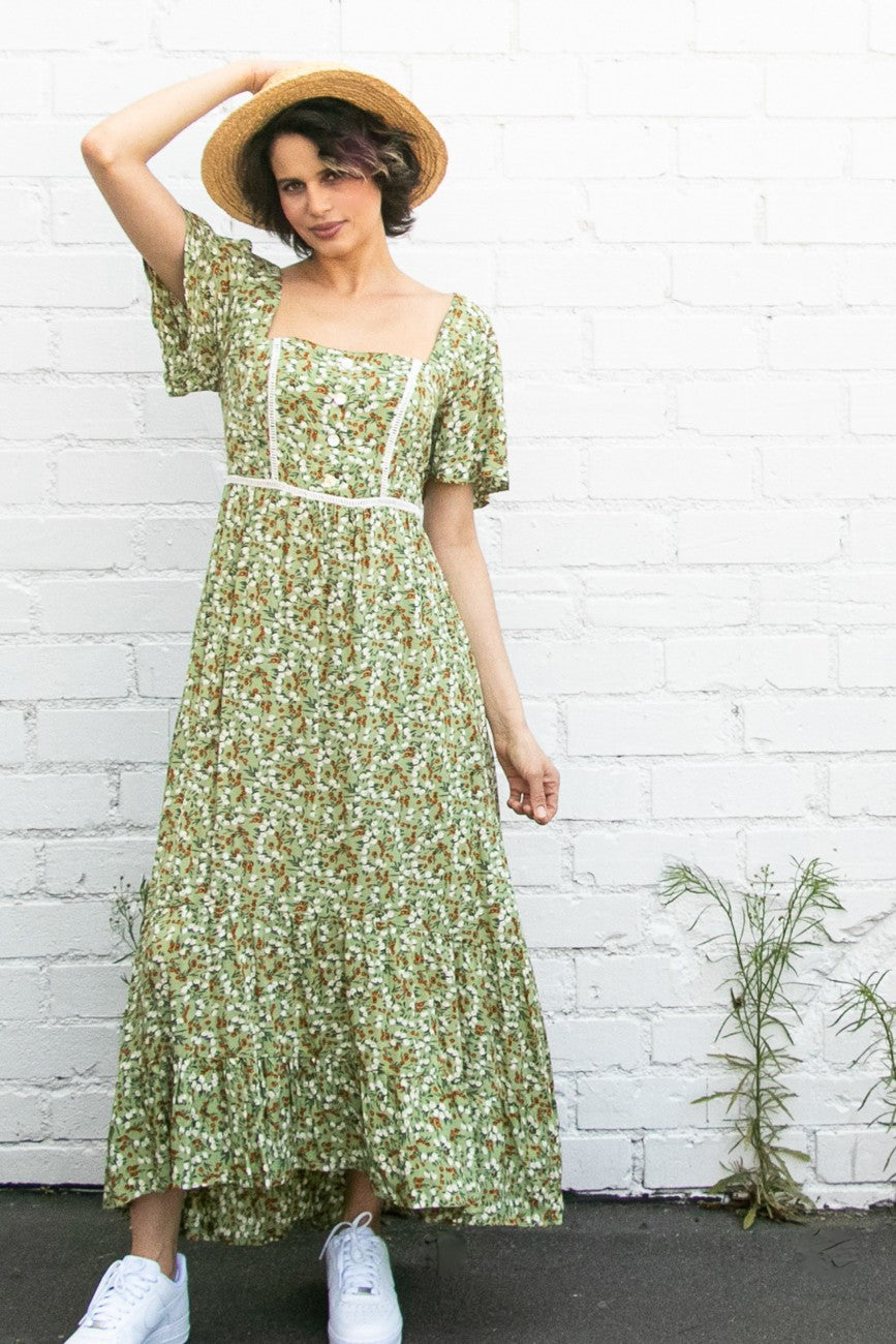 Lt Olive Flutter Sleeve Floral Flowy Maxi Dress Aquarius Brand Lt Olive Flutter Sleeve Floral Flowy Maxi Dress Aquarius Brand