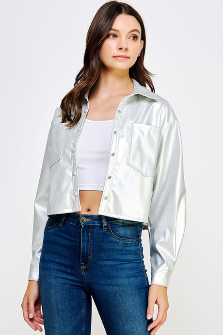 Ice Silver Cropped Faux Leather Shacket