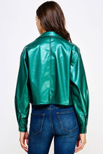Metallic Teal Cropped Faux Leather Shacket
