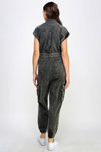 Black Sleeveless Washed Cargo Denim Jumpsuit