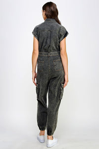 Black Sleeveless Washed Cargo Denim Jumpsuit