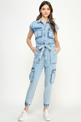 Light Denim Sleeveless Washed Cargo Denim Jumpsuit