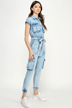 Light Denim Sleeveless Washed Cargo Denim Jumpsuit