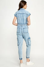 Light Denim Sleeveless Washed Cargo Denim Jumpsuit