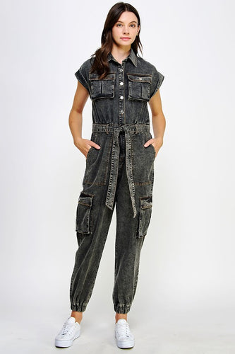 Black Sleeveless Washed Cargo Denim Jumpsuit