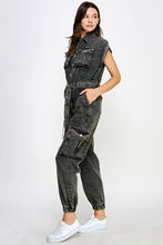 Black Sleeveless Washed Cargo Denim Jumpsuit