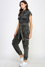 Black Sleeveless Washed Cargo Denim Jumpsuit