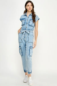 Light Denim Sleeveless Washed Cargo Denim Jumpsuit