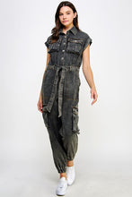 Black Sleeveless Washed Cargo Denim Jumpsuit