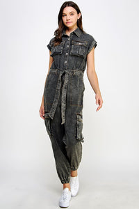 Black Sleeveless Washed Cargo Denim Jumpsuit