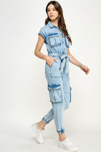 Light Denim Sleeveless Washed Cargo Denim Jumpsuit