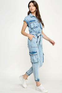 Light Denim Sleeveless Washed Cargo Denim Jumpsuit