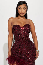 Wine Strapless Slit Feather Sequin Maxi Dress