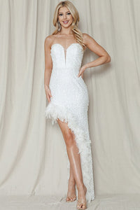 White Strapless Slit Feather Sequin Maxi Dress