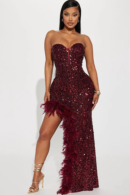 feather sequin maxi dress Strapless Feather Sequin Floral Maxi Dress Nude