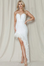 White Strapless Slit Feather Sequin Maxi Dress