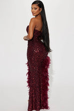 Wine Strapless Slit Feather Sequin Maxi Dress