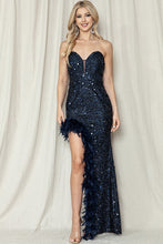 Navy Strapless Slit Feather Sequin Maxi Dress