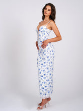 Qwin Blue Floral Print Satin Lace Maxi Dress