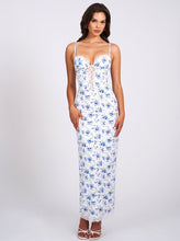 Qwin Blue Floral Print Satin Lace Maxi Dress