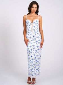 Qwin Blue Floral Print Satin Lace Maxi Dress