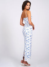Qwin Blue Floral Print Satin Lace Maxi Dress