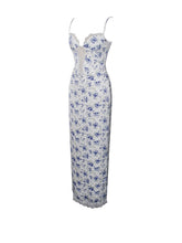 Qwin Blue Floral Print Satin Lace Maxi Dress