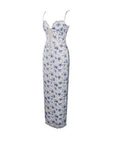 Qwin Blue Floral Print Satin Lace Maxi Dress