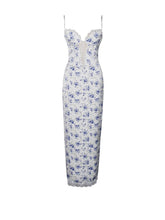 Qwin Blue Floral Print Satin Lace Maxi Dress