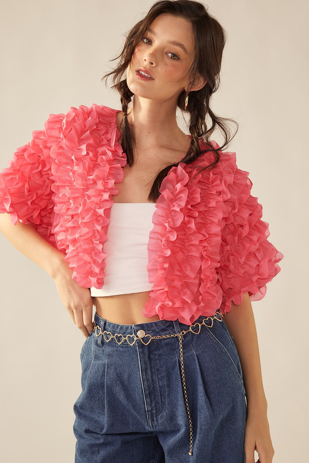 Rose Pink Fiesta Ruffle Short Sleeve Jacket