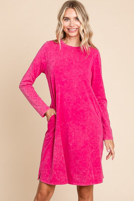 Hot Pink Mineral Wash Dress With Side Pocket