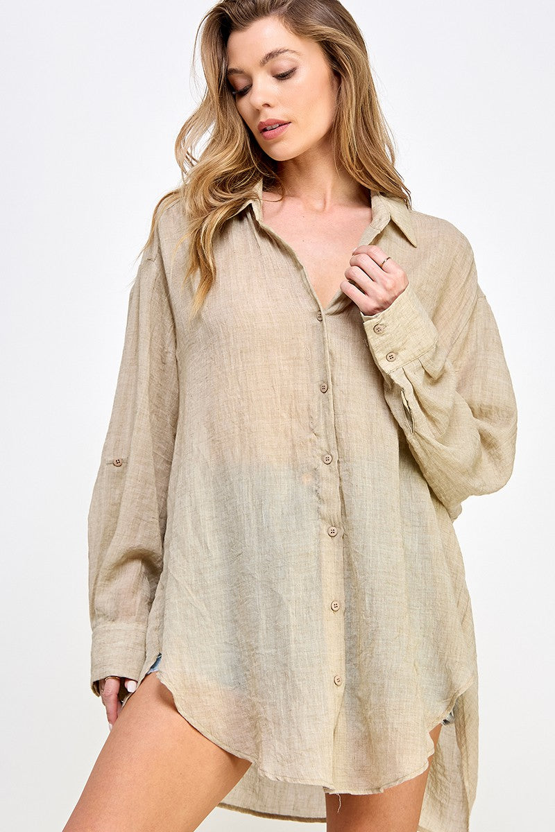 Beige See Through Button Down Shirts