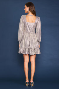 Champagne Metallic Foil Long Sleeve Mini Dress