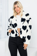 Black White Heart Print Faux Fur Short Jacket