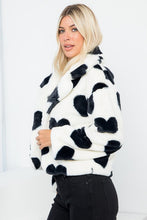 Black White Heart Print Faux Fur Short Jacket