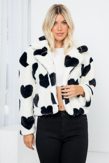 Black White Heart Print Faux Fur Short Jacket