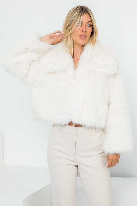 Cream Solid Faux Fur Crop Jacket
