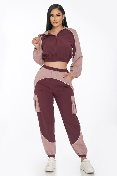 Burgundy Combo Active Contrast Piping Jogger Set