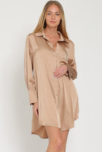 Khaki Long Sleeve Shirt Satin Mini Dress