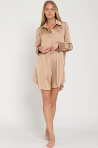Khaki Long Sleeve Shirt Satin Mini Dress