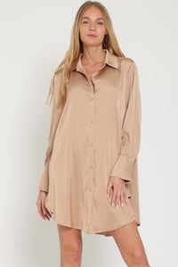 Khaki Long Sleeve Shirt Satin Mini Dress