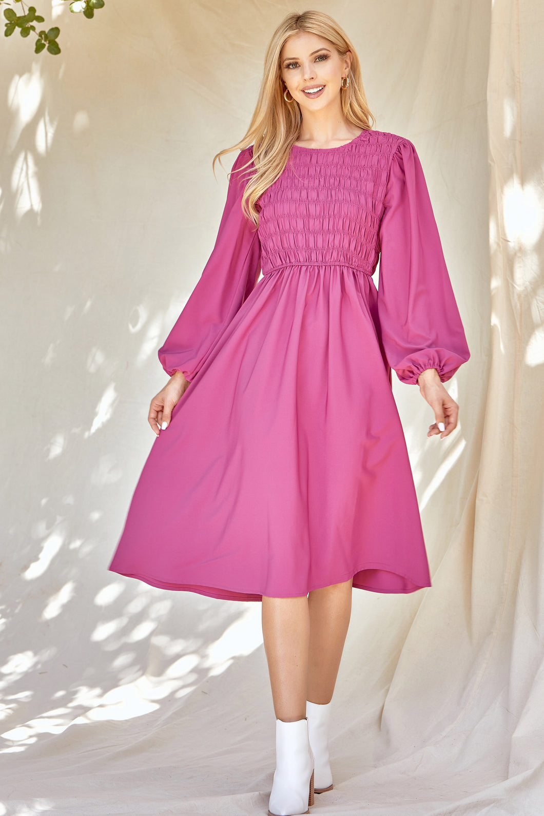 Magenta Solid Smocked Dress