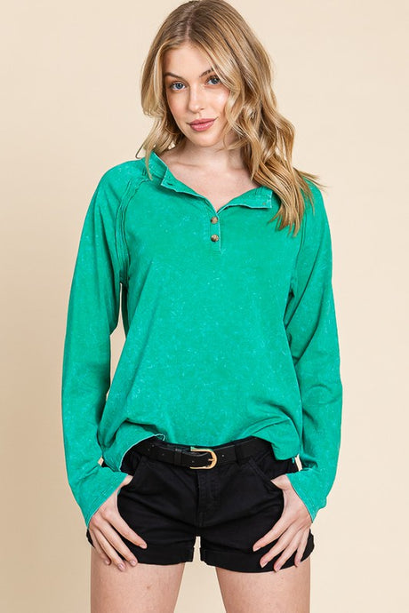 Kelly Green Cotton Mineral Wash Button Down Long Sleeve Top