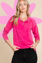 Hot Pink Cotton Mineral Wash Button Down Long Sleeve Top