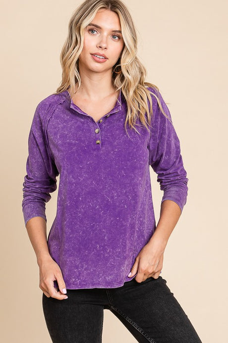 Purple Cotton Mineral Wash Button Down Long Sleeve Top