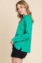 Kelly Green Cotton Mineral Wash Button Down Long Sleeve Top
