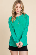 Kelly Green Cotton Mineral Wash Button Down Long Sleeve Top