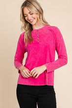 Hot Pink Cotton Mineral Wash Button Down Long Sleeve Top