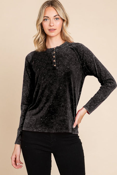 Black Cotton Mineral Wash Button Down Long Sleeve Top
